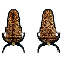 Hollywood Regency Tall Back Throne Chairs in Leopard Velvet & Ebony Gilt Frames