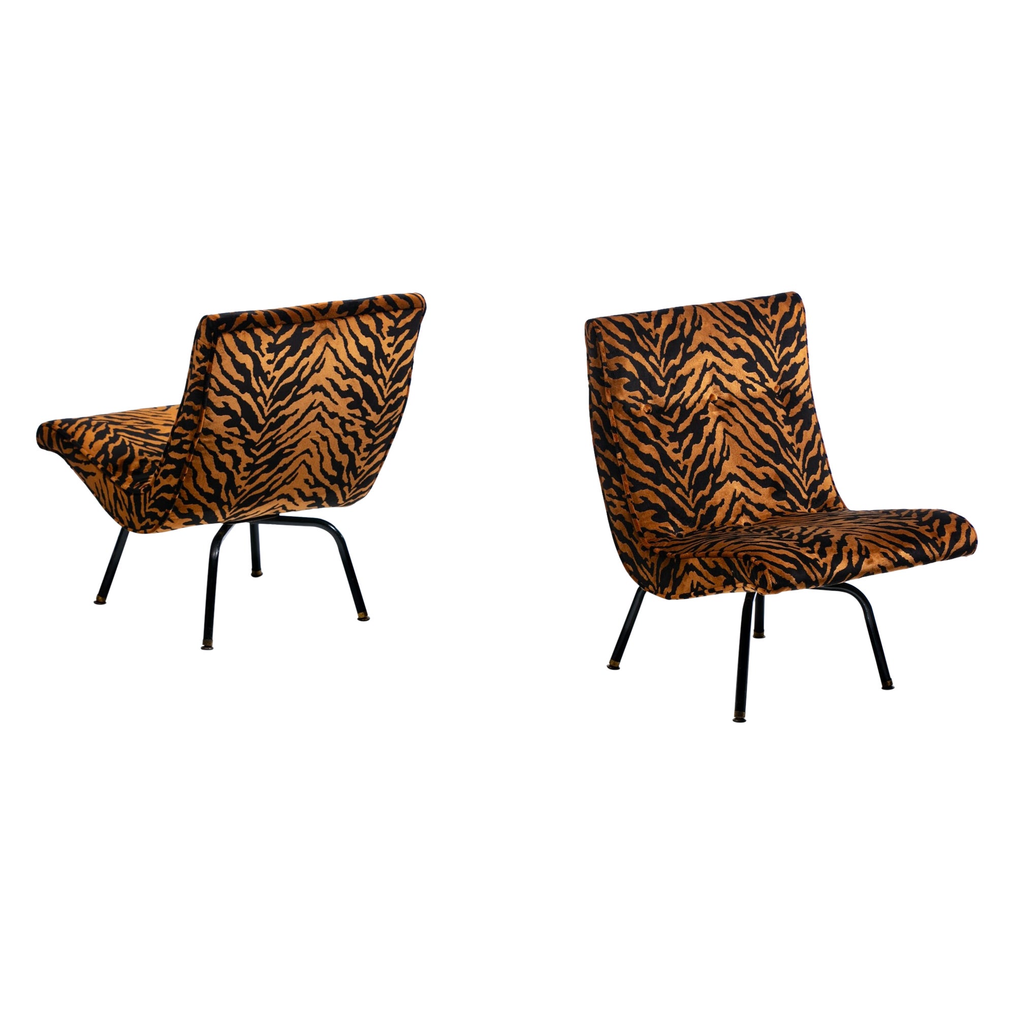Swiveling Mid Century Modern Scoop Chairs Newly Upholstered in Tiger Velvet For Sale