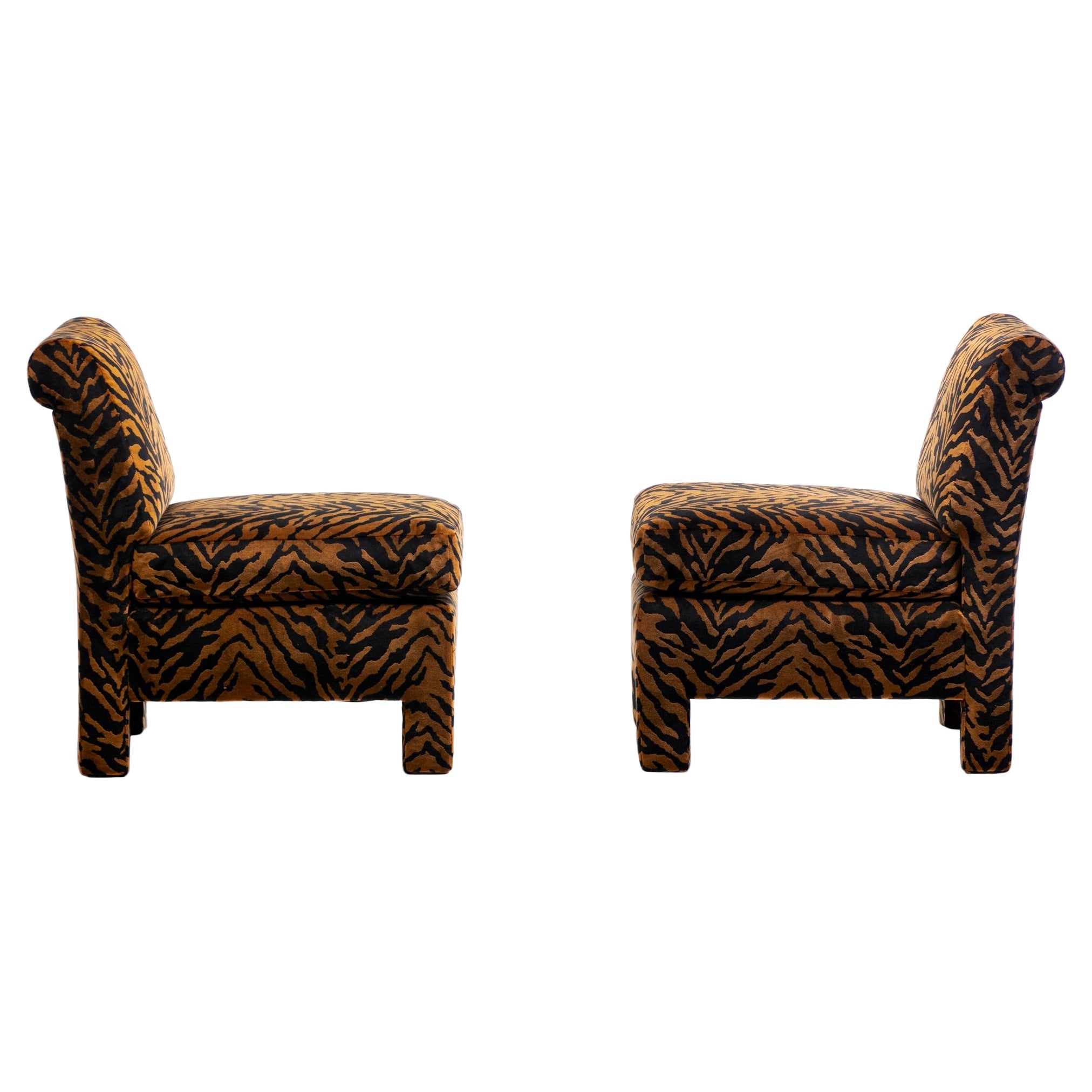 Billy Baldwin Style Hollywood Regency Slipper Chairs in Tiger Velvet