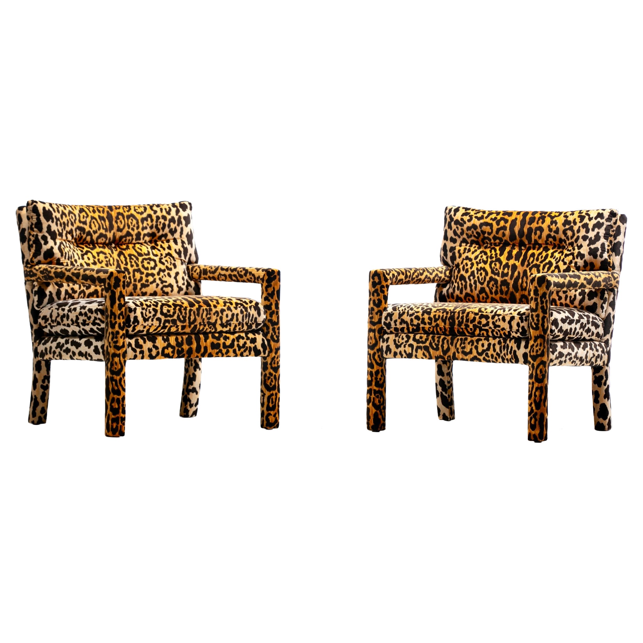 Pair of Milo Baughman Style Mid Century Parsons Chairs in Leopard Velvet c. 1970