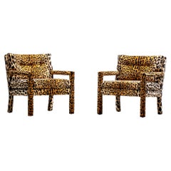 Pair of Milo Baughman Style Mid Century Parsons Chairs in Leopard Velvet c. 1970