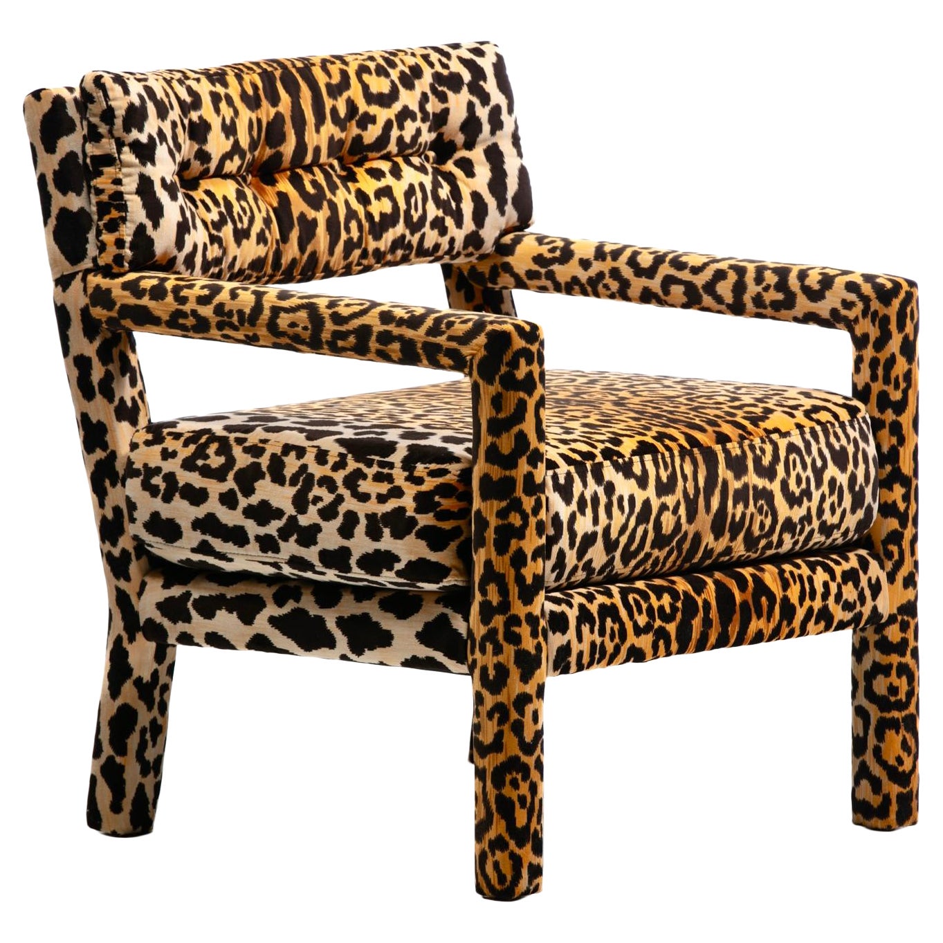 Milo Baughman Style Mid Century Modern Parsons Chair in Leopard Velvet c. 1970