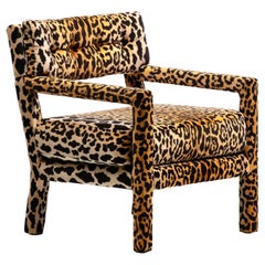 Milo Baughman Style Mid Century Modern Parsons Chair in Leopard Velvet c. 1970