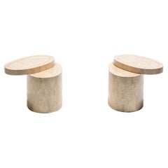 Rotating Top Maitland Smith Tessellated Travertine Side Tables with Brass Inlay