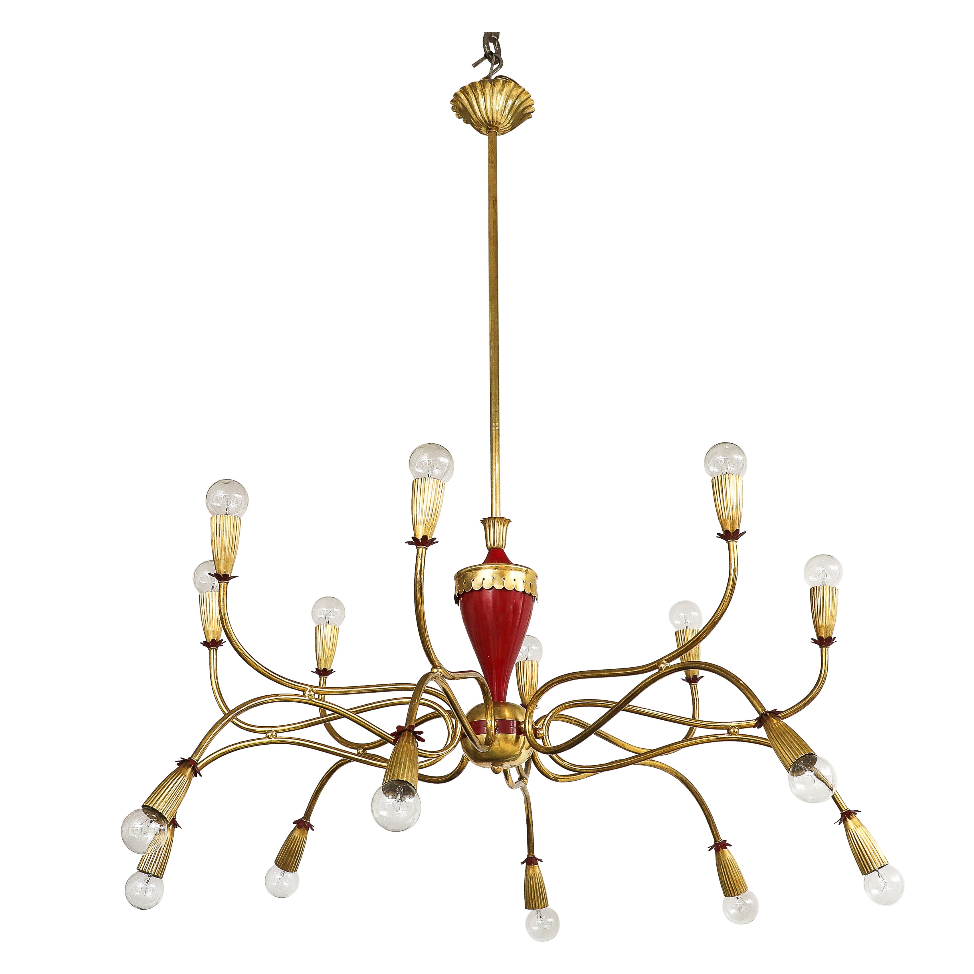 1950's Modern Large 18 Arm Brass Italian Chandelier By Lumi