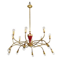 1950's Modern Large 18 Arm Brass Italian Chandelier By Lumi