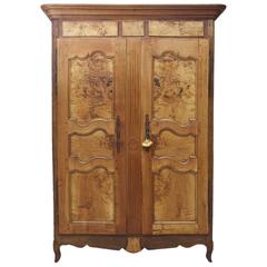 19th Century Antique French Armoire in Walnut & Cherry with Burl Olive Ash Panel