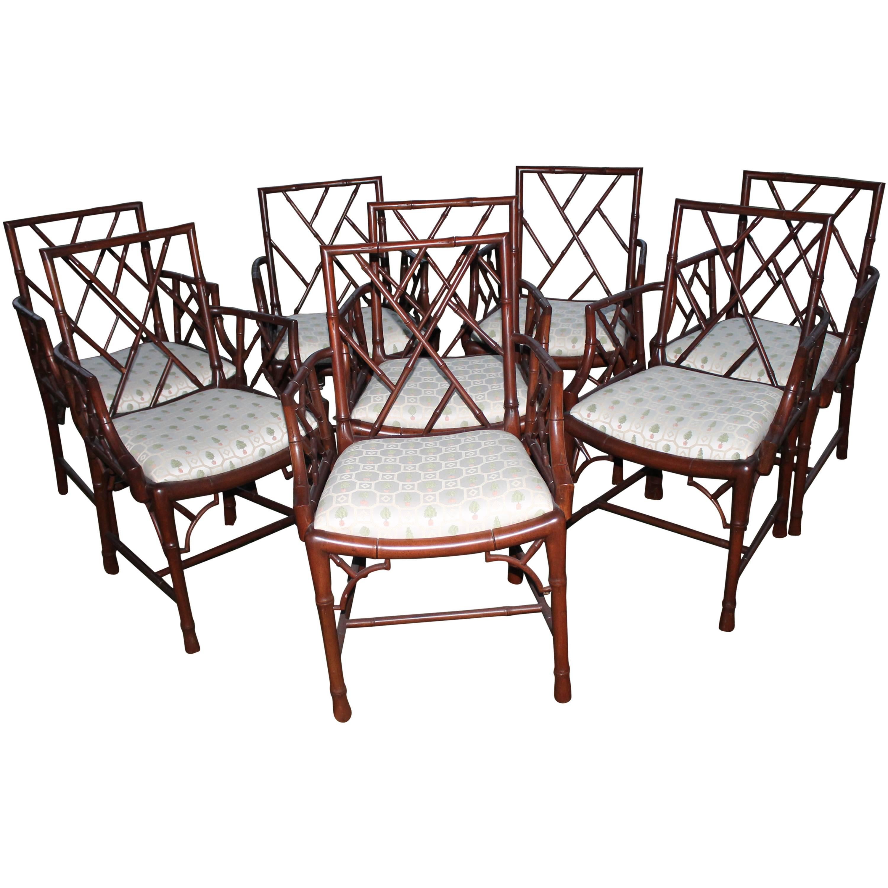 Chinese Chippendale Set of Eight Faux Bamboo Dining Arm Chairs Chinoiserie
