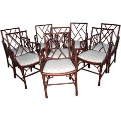 Chinese Chippendale Set of Eight Faux Bamboo Dining Arm Chairs Chinoiserie