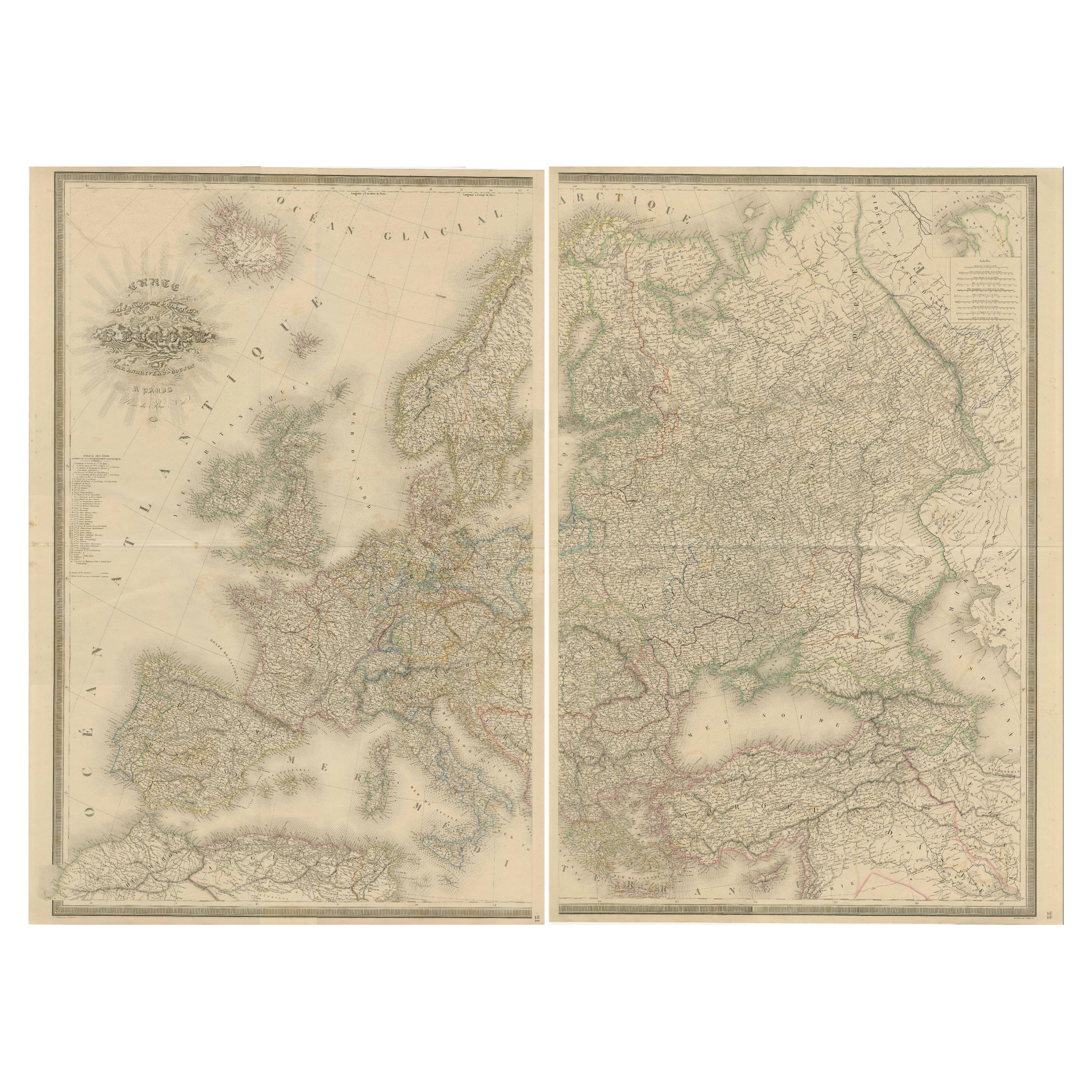 Carte majestueuse de l'Europe par Andriveau-Goujon - Vue continentale complète - ca.1849 en vente
