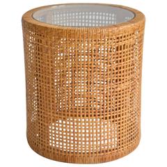 Midcentury Woven Cane Drum Form Side Table