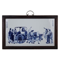 Antique Chinese Handpainted Blue White Porcelain Plaque of Confucius Preaching