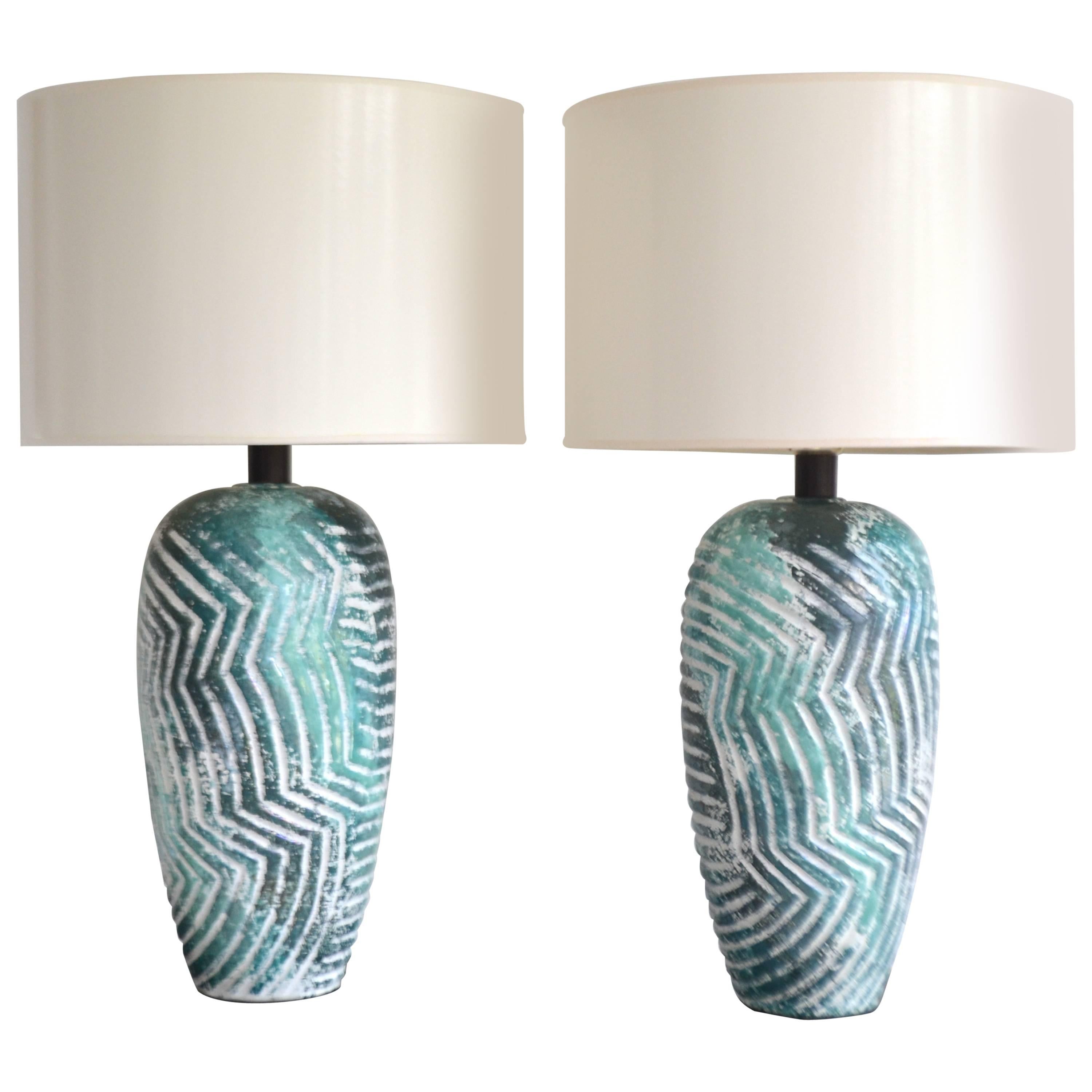 Pair of Graphic Postmodern Ceramic Jar Form Table Lamps For Sale