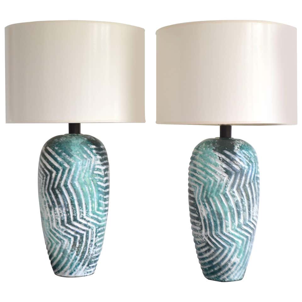 Pair of Graphic Postmodern Ceramic Jar Form Table Lamps For Sale at 1stDibs