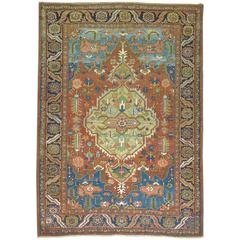 Antique Persian Heriz Green Medallion Carpet