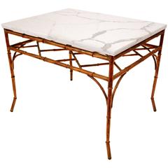 Hollywood Regency Faux Bamboo Gilt Metal & Marble Cocktail End Table