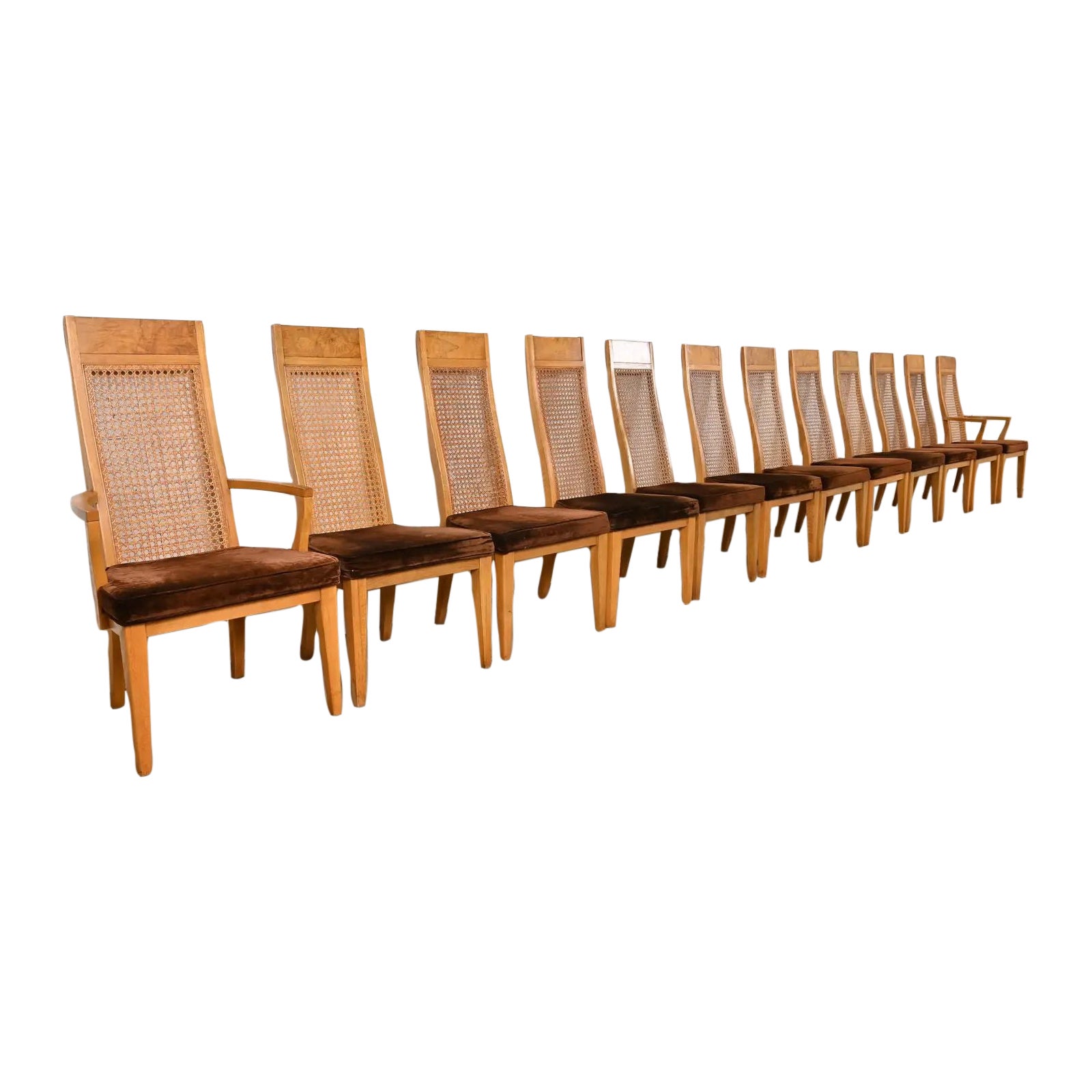 Milo Baughman Style Mid-Century Modern Burl Wood & Cane High Back Dining Chairs For Sale