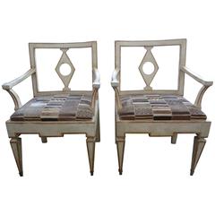 Pair Of Antique Italian Directoire Style Painted And Gilt Wood Armchairs