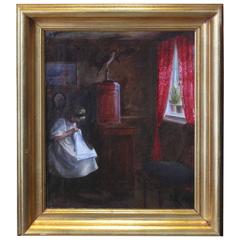 Danish 19th Century Interior Painting of a Young Girl Sewing