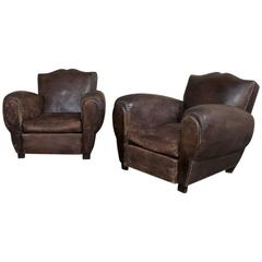  1930's French Brown Leather Moustache Back Club Chairs