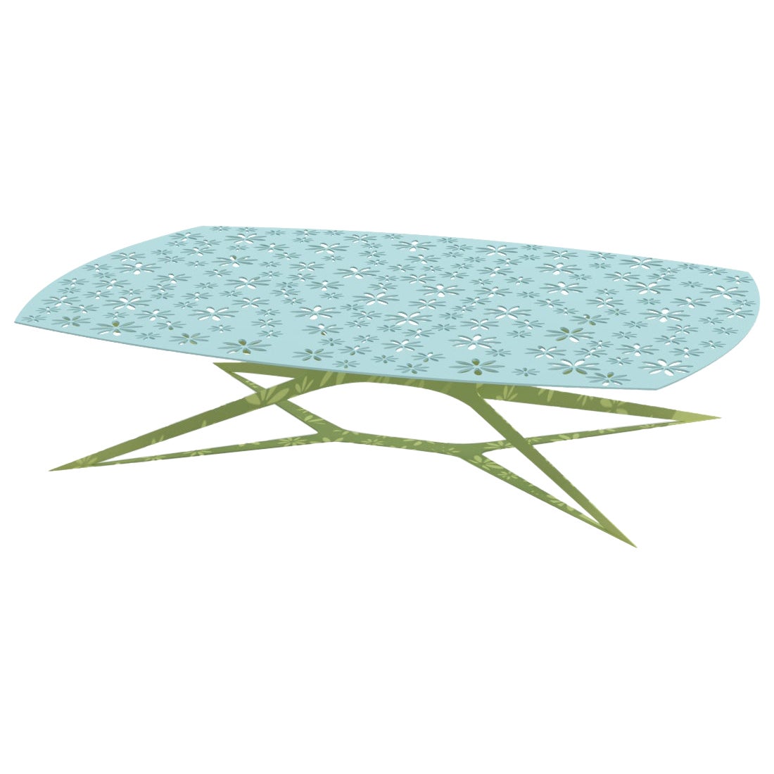 Modern Blue and Green Outdoor Rectangular Center Coffee Table with Floral Design