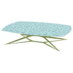 Modern Blue and Green Outdoor Rectangular Center Coffee Table with Floral Design