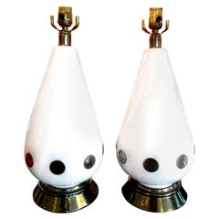 Pair of Italian Mid-Century Modern White Porcelain and Brass Lamps
