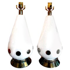 Vintage Pair of Italian Mid-Century Modern White Porcelain and Brass Lamps