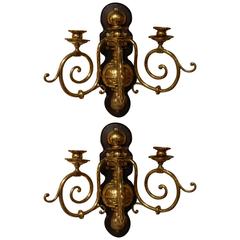 Pair of 19th Century Dutch Brass Wall Sconces on Wood Bases, 19th Century