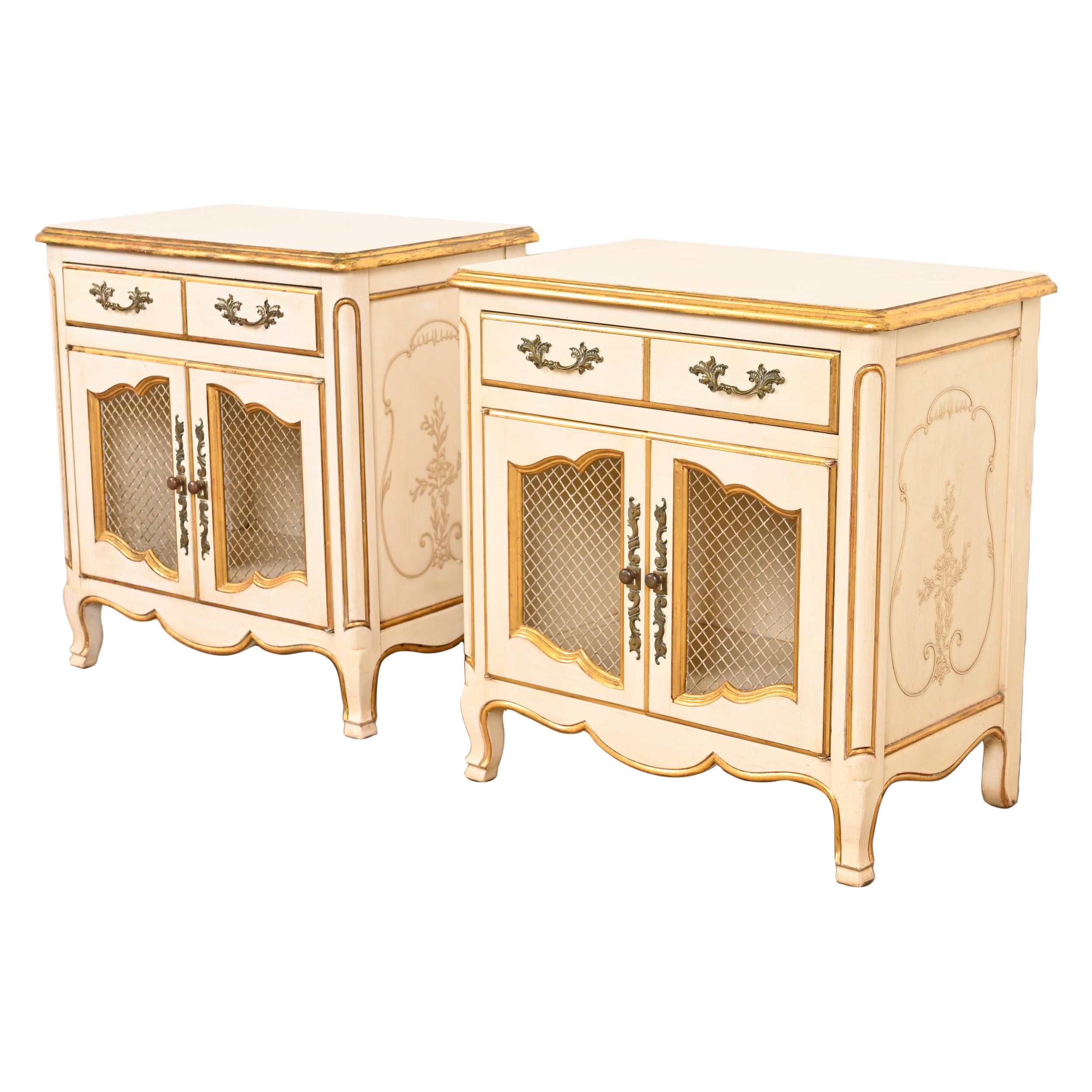 John Widdicomb French Rococo Louis XV Cream Lacquered & Parcel Gilt Nightstands