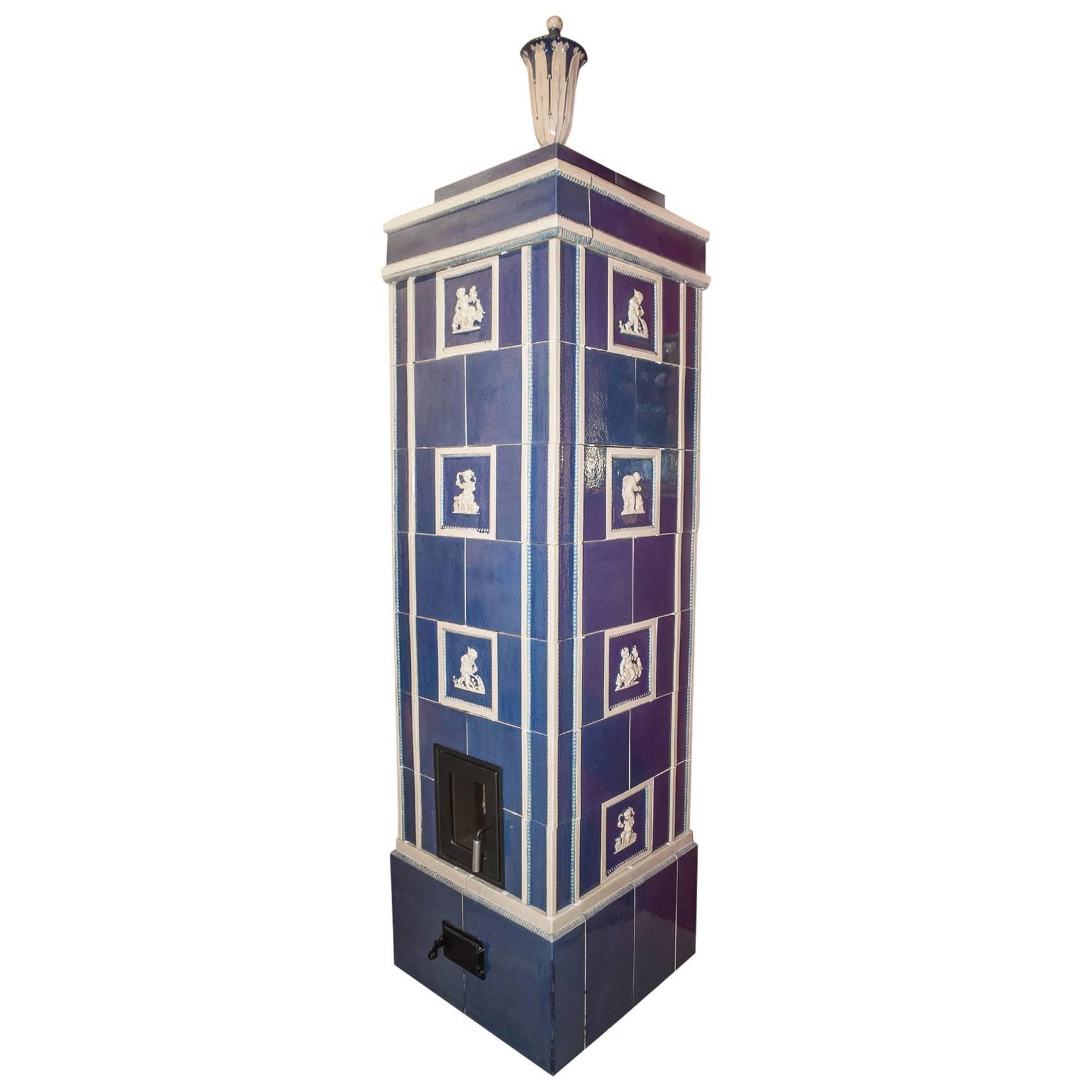 Tile Stove in Prussian Blue and White by Michael Powolny, Austria 1910. For Sale