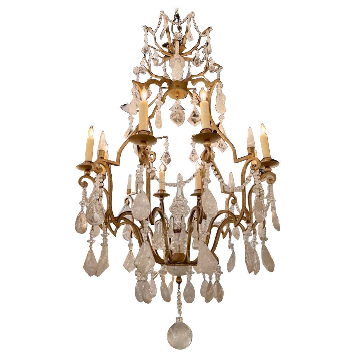 Antique French Gilt Iron and Rock Crystal Chandelier
