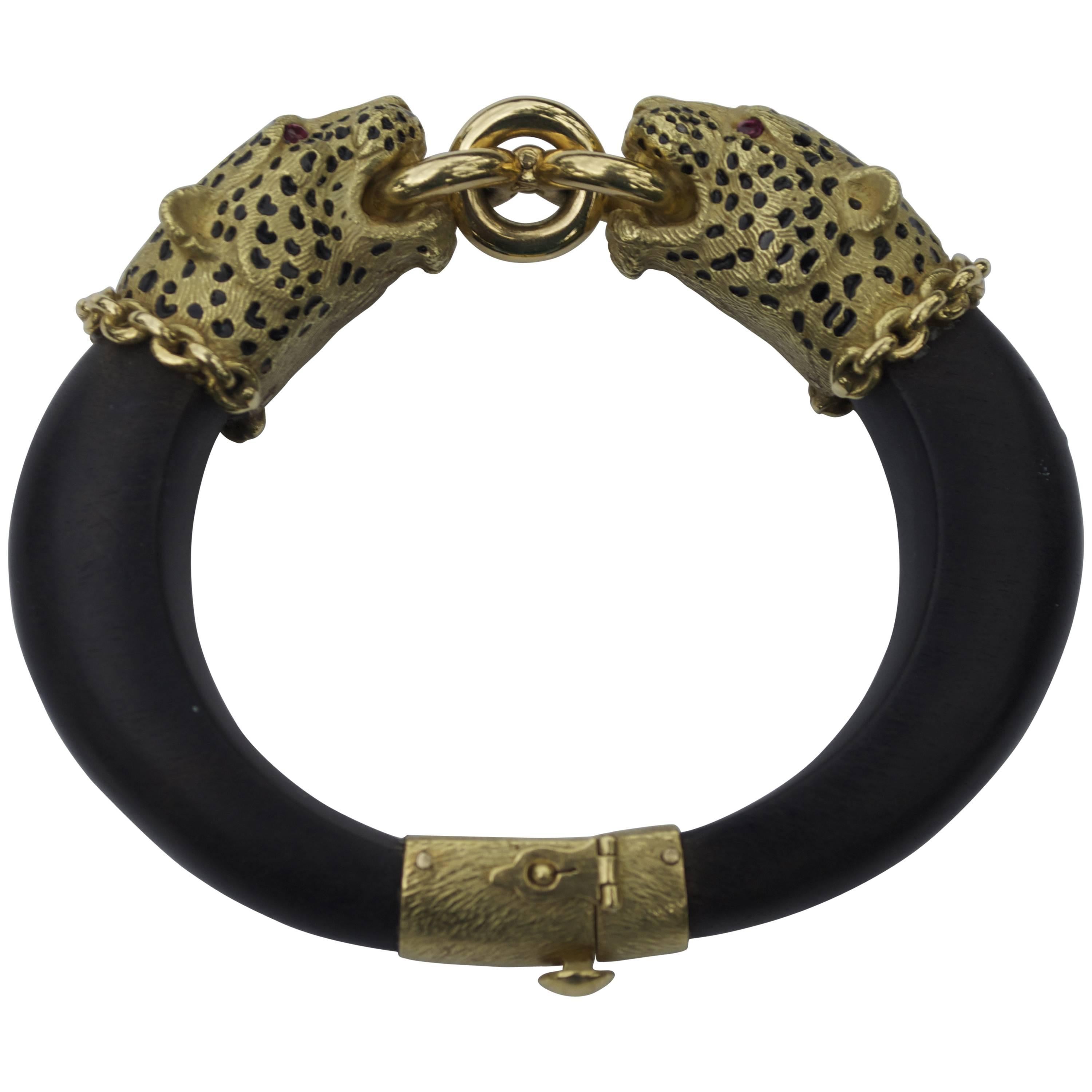 Gay Freres Wood And 18K Gold Leopard Bangle