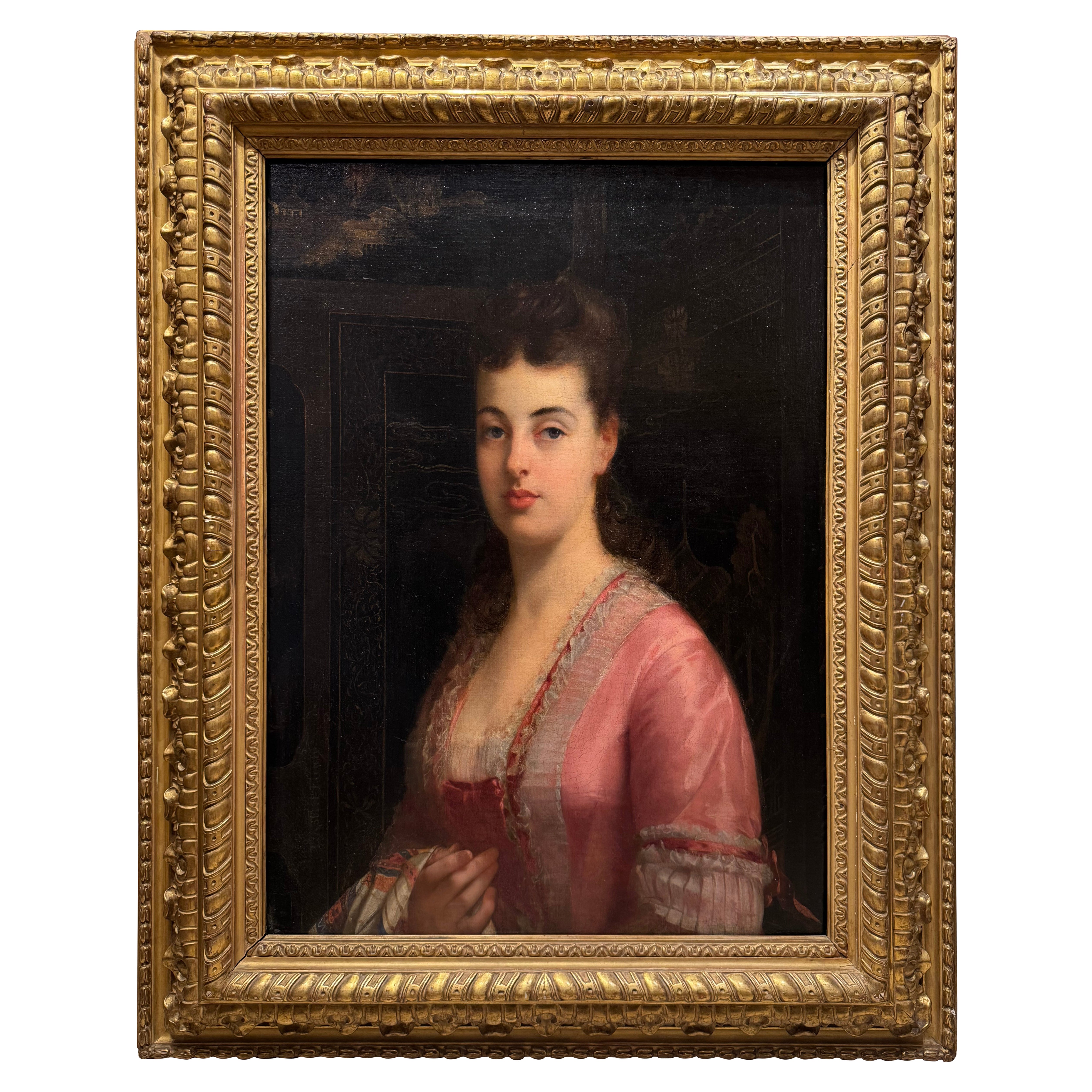 Portrait of a young lady wearing a pink dress, Tony Robert Fleury (1837-1911)