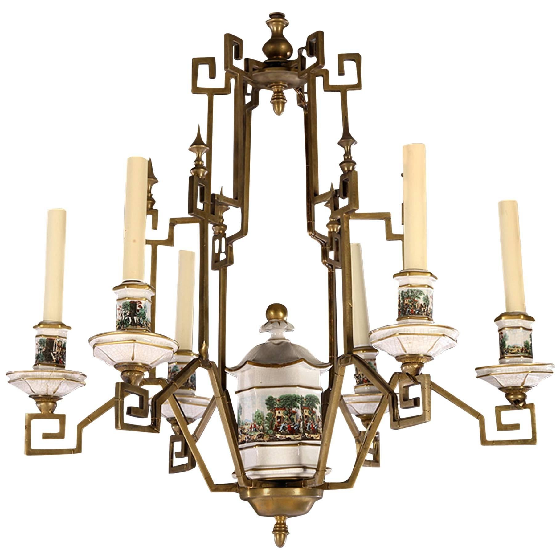 French Pagoda Style Bronze and Porcelain Chandelier