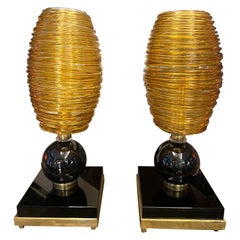 Paire de lampes de bureau en verre de Murano soufflé à la main, couleur ambre, Vistosi Murano 1980