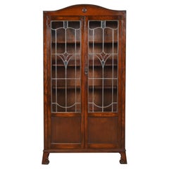 Antique English Mission Oak Arts & Crafts Bookcase W/ Stained Leaded Glass Doors