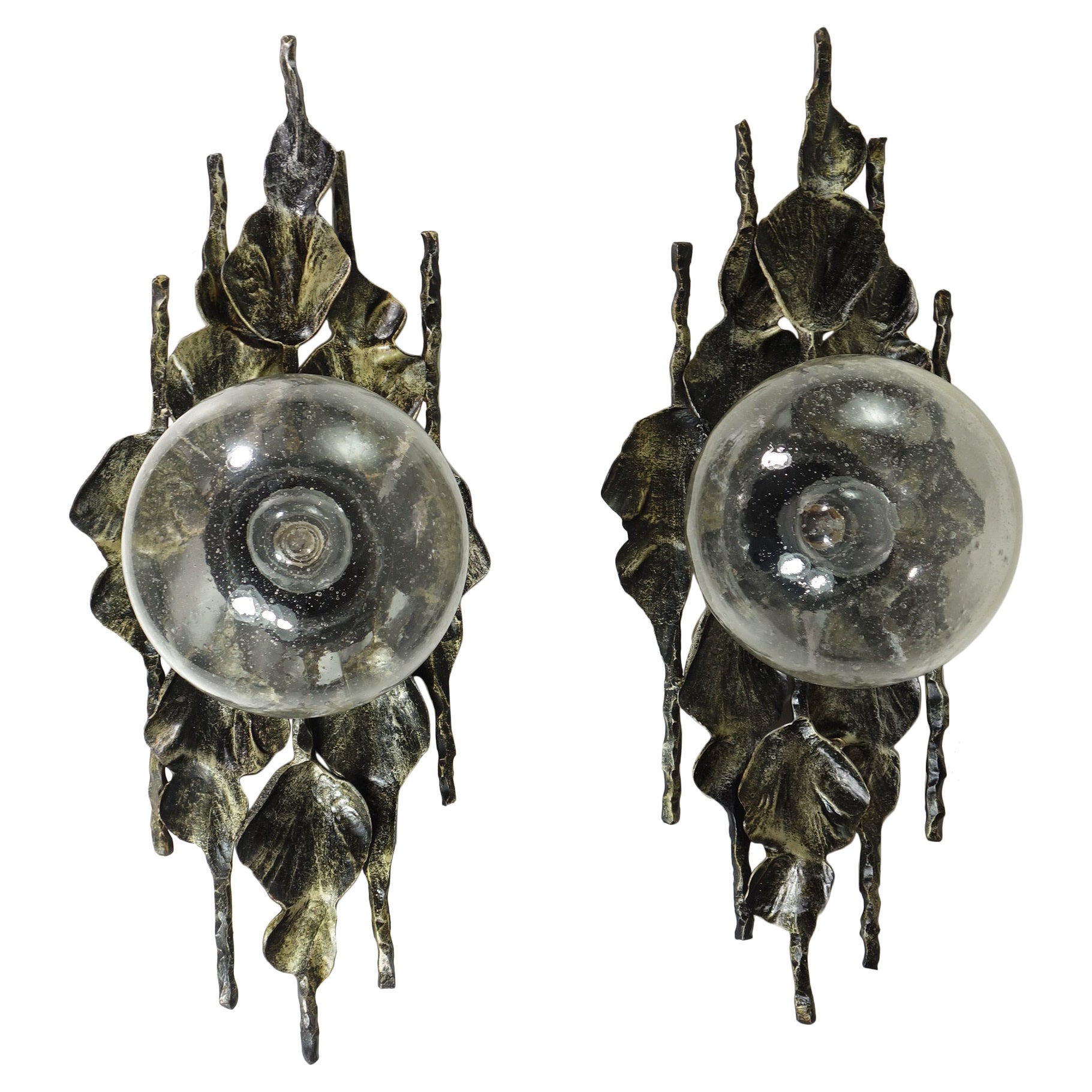 1960 Tom Ahlström Hans Ehrlich Brutalist Eisen Glas Paar Wandlampen Sconces