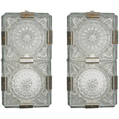 Pair Midcentury Wall Lights of Clear Molded Glass Panels, in the style of Kalmar