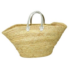 French Moroccan Straw Basket Tote Bag with Piped Leather Handles