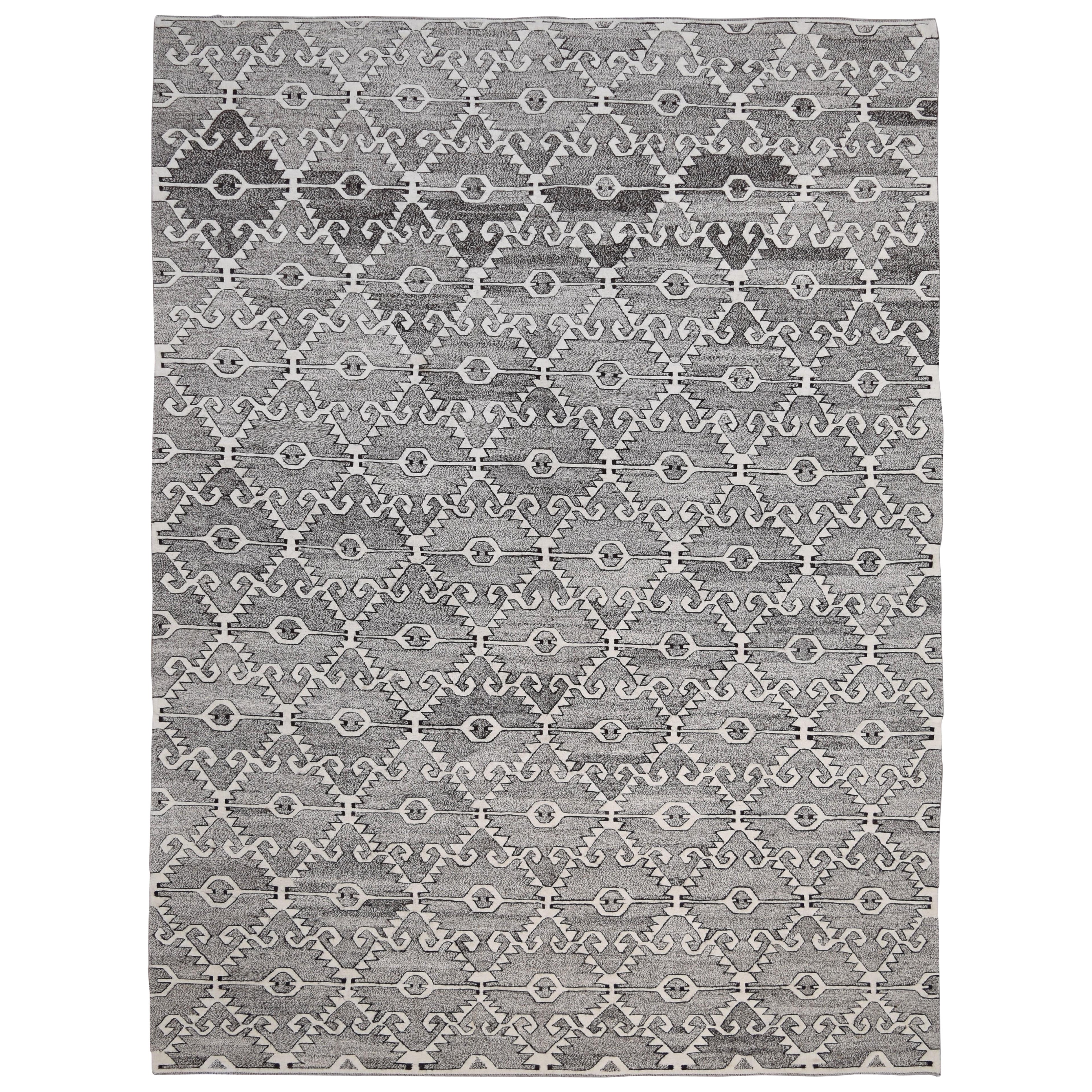 Tappeto geometrico in lana a trama piatta Trial Ram's horn grigio e avorio 10'4''x13'1''