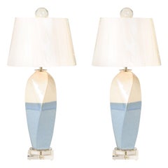 Striking Pair of Custom Portuguese Ceramic Lamps in Cream and Sultanabad Blue
