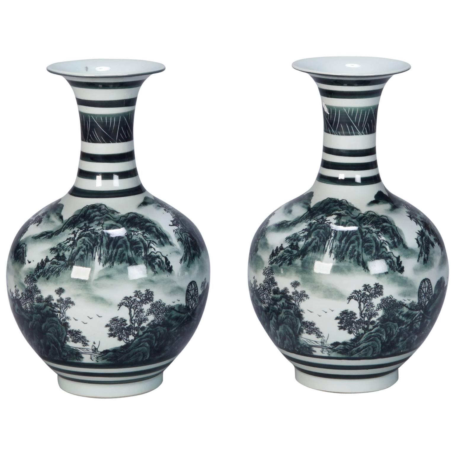 Pair of Green and White Chinese Porcelain Vases