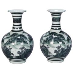 Vintage Pair of Green and White Chinese Porcelain Vases