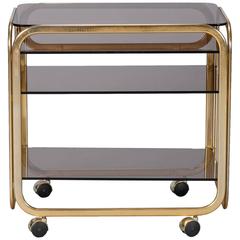 Mid-Century Brass-Plated Bar or Serving Cart with Smoked Glass