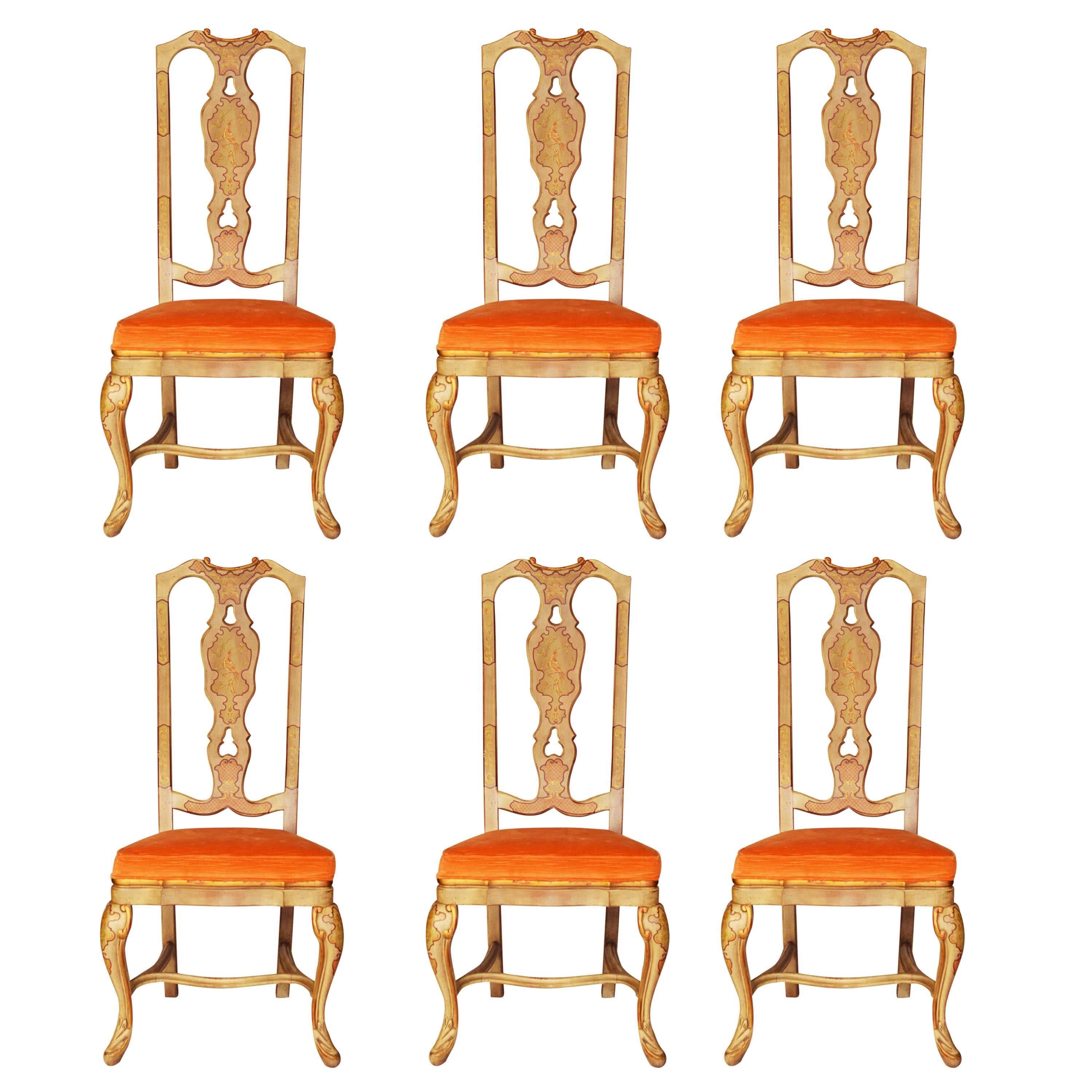 Set of Six Queen Anne Style Chinoiserie Dining Chairs For Sale