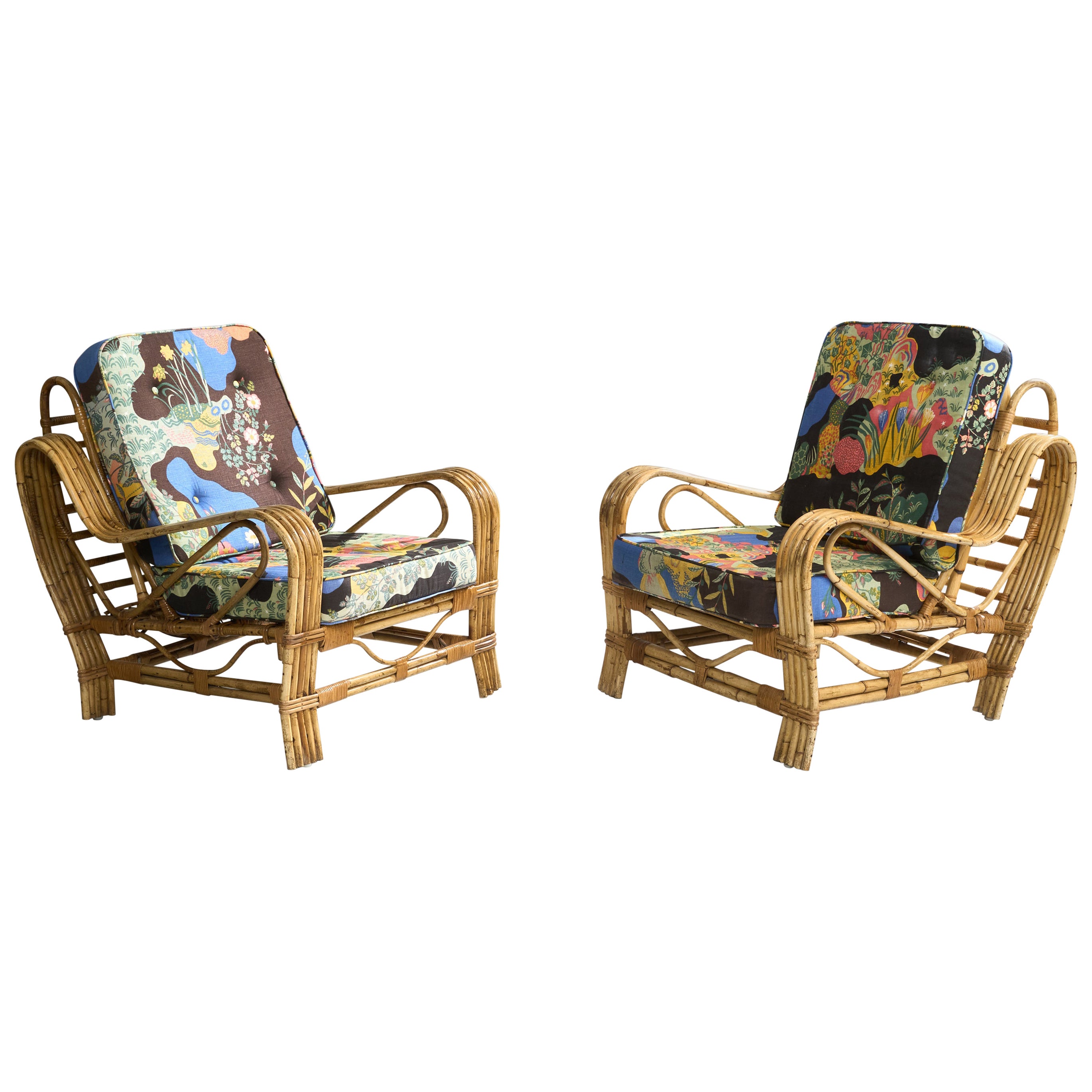 Swedish Designer, Lounge Chairs, Bamboo, Rattan, Fabric, Sweden, 1950s