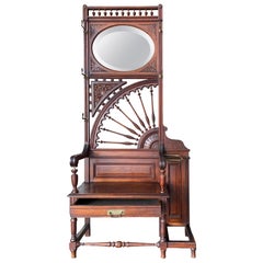 Antique Wooden Edwardian Hall Tree with Art Nouveau Carvings, Mirror, Cabinet, & Bench –