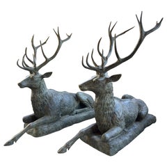 Monumental Pair of Bronze Verdigris Stag Statues