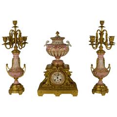 Antique 19th Century Porcelain Pink Clockset